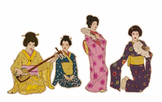 일본 전통 의상을 입고 악기를 연주를 여자 네명의 그림