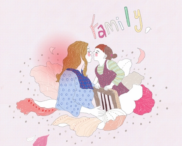 소녀와 소녀의 엄마가 뽀뽀하는 그림